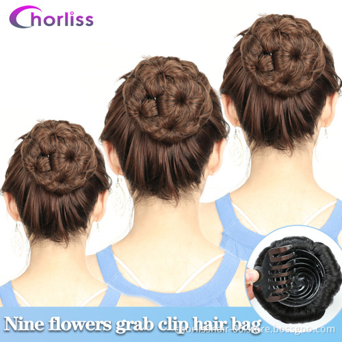 Wholesale Cheap marriage Bun Flower Shape Hairpiece Heat Resistant Synthetic Bun clip in Hair chignon Extension For Women